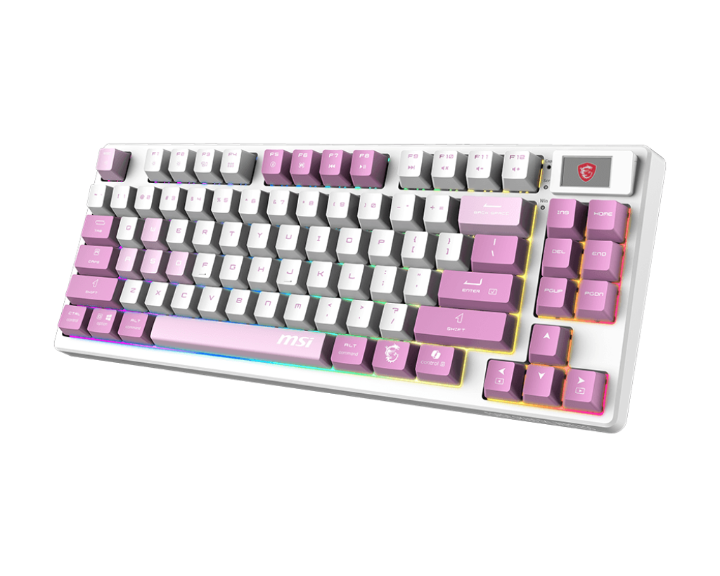 Teclado Gamer Mecanico MSI FOFORGE GK600 TKL W VIOLET US - Switch Violeta - USB 2.4 GHz + BT - Blanco/Rosa (Ingles)