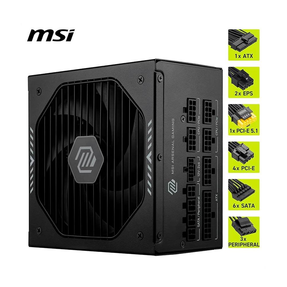 Fuente De Poder MSI Full Modular MAG A1000PLS PCIE5, 80Plus Platino, 1000W.