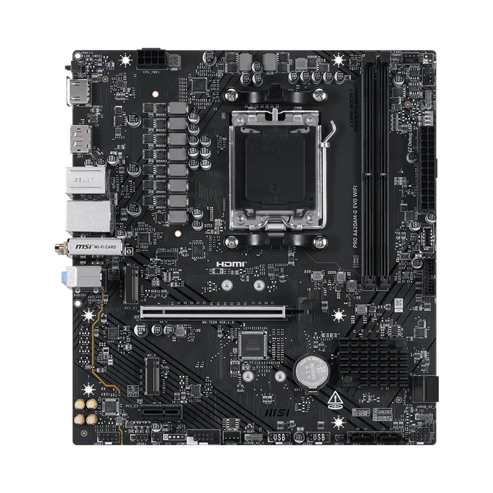 Tarjeta Madre MSI PRO A620AM-G EVO WIFI, Micro-ATX, Socket AM5, AMD A620A, 128GB DDR5.
