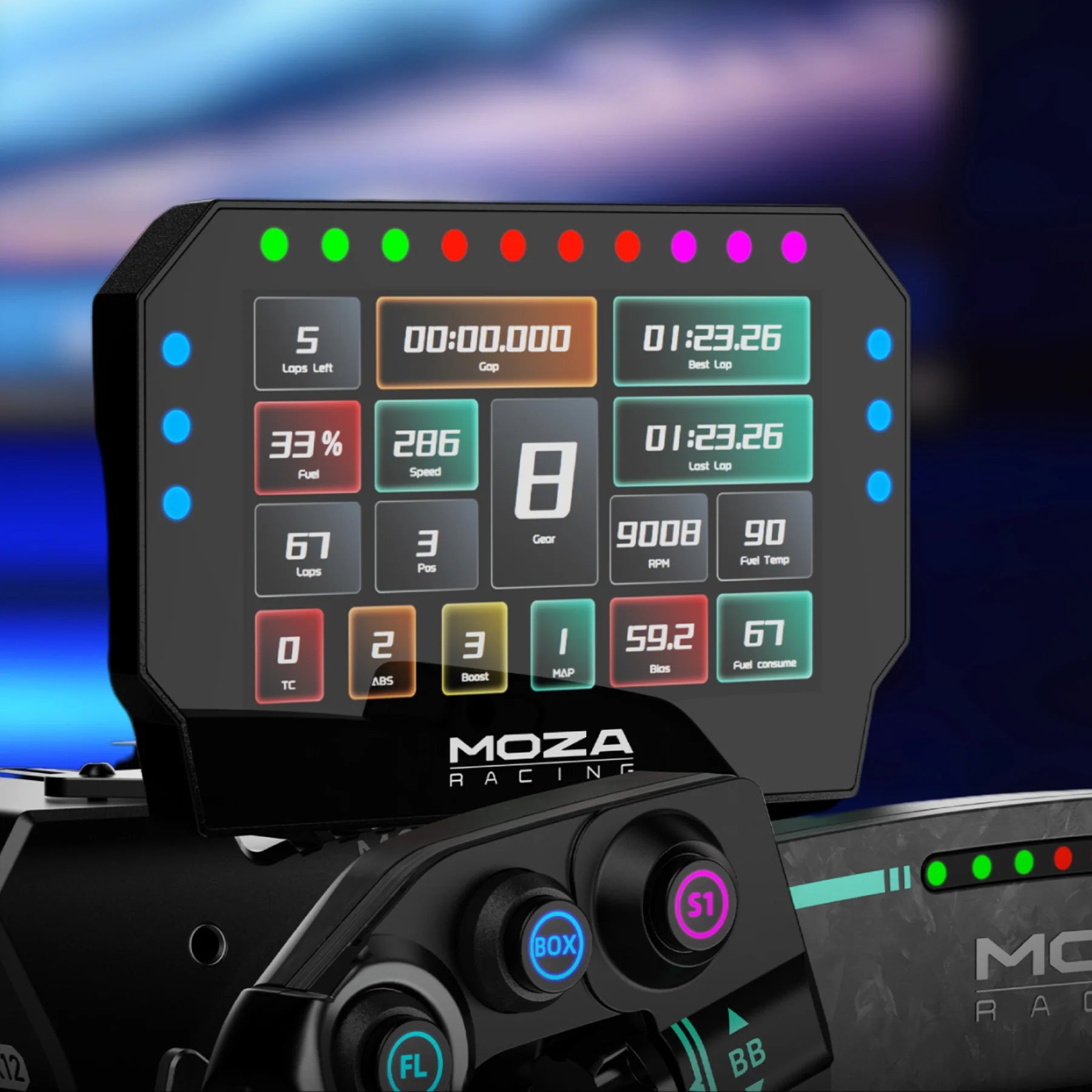Moza CM2 HD Racing Dash — Pantalla De Carreras De 5" Con Indicadores RGB, Interfaz Personalizable