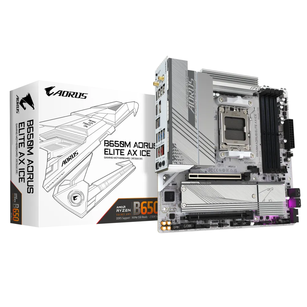 Tarjeta Madre Gigabyte B650M AORUS ELITE AX ICE - Micro ATX - S-AM5 - AMD B650 - 256GB - Compatible con DDR5