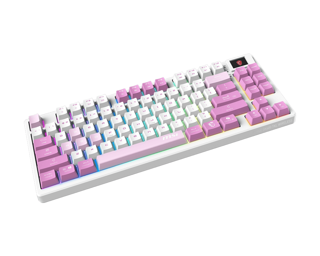 Teclado Gamer Mecanico MSI FOFORGE GK600 TKL W VIOLET US  - Switch Violeta - USB 2.4 GHz + BT - Blanco/Rosa (Ingles)