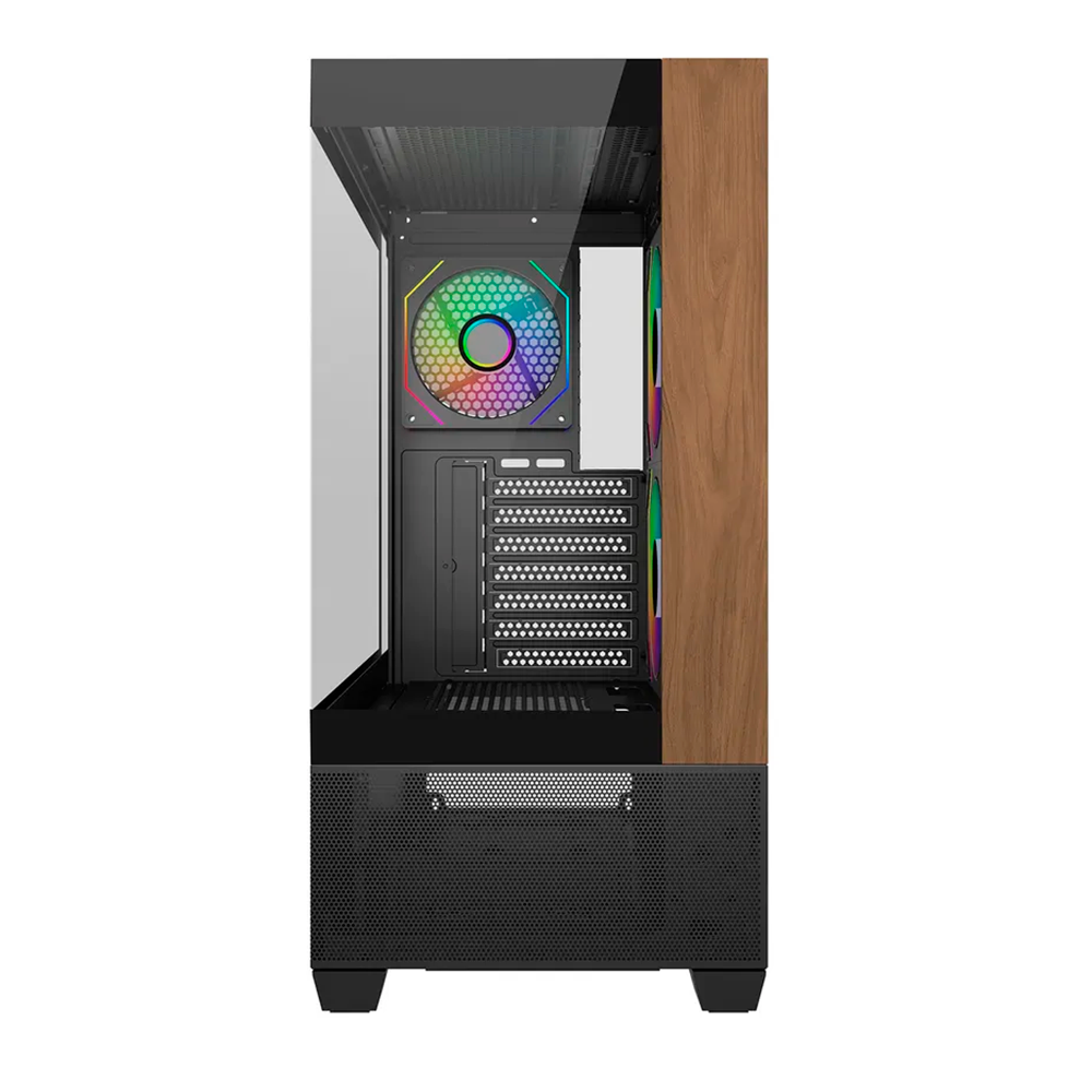 Gabinete Cooler Master Elite 690 Wood - Incluye 3 Ventiladores ARGB, Negro-Madera