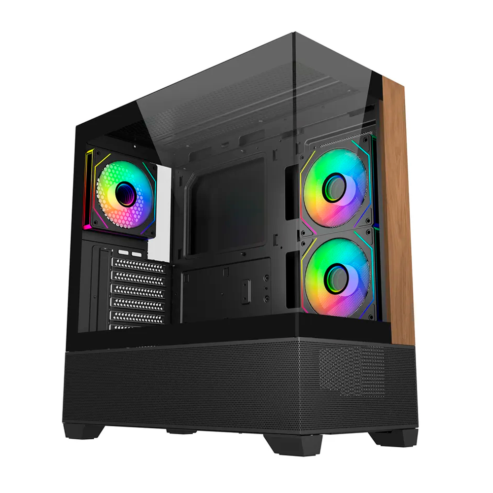Gabinete Cooler Master Elite 690 Wood - Incluye 3 Ventiladores ARGB, Negro-Madera