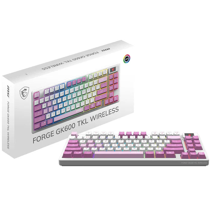Teclado Gamer Mecanico MSI FOFORGE GK600 TKL W VIOLET US  - Switch Violeta - USB 2.4 GHz + BT - Blanco/Rosa (Ingles)