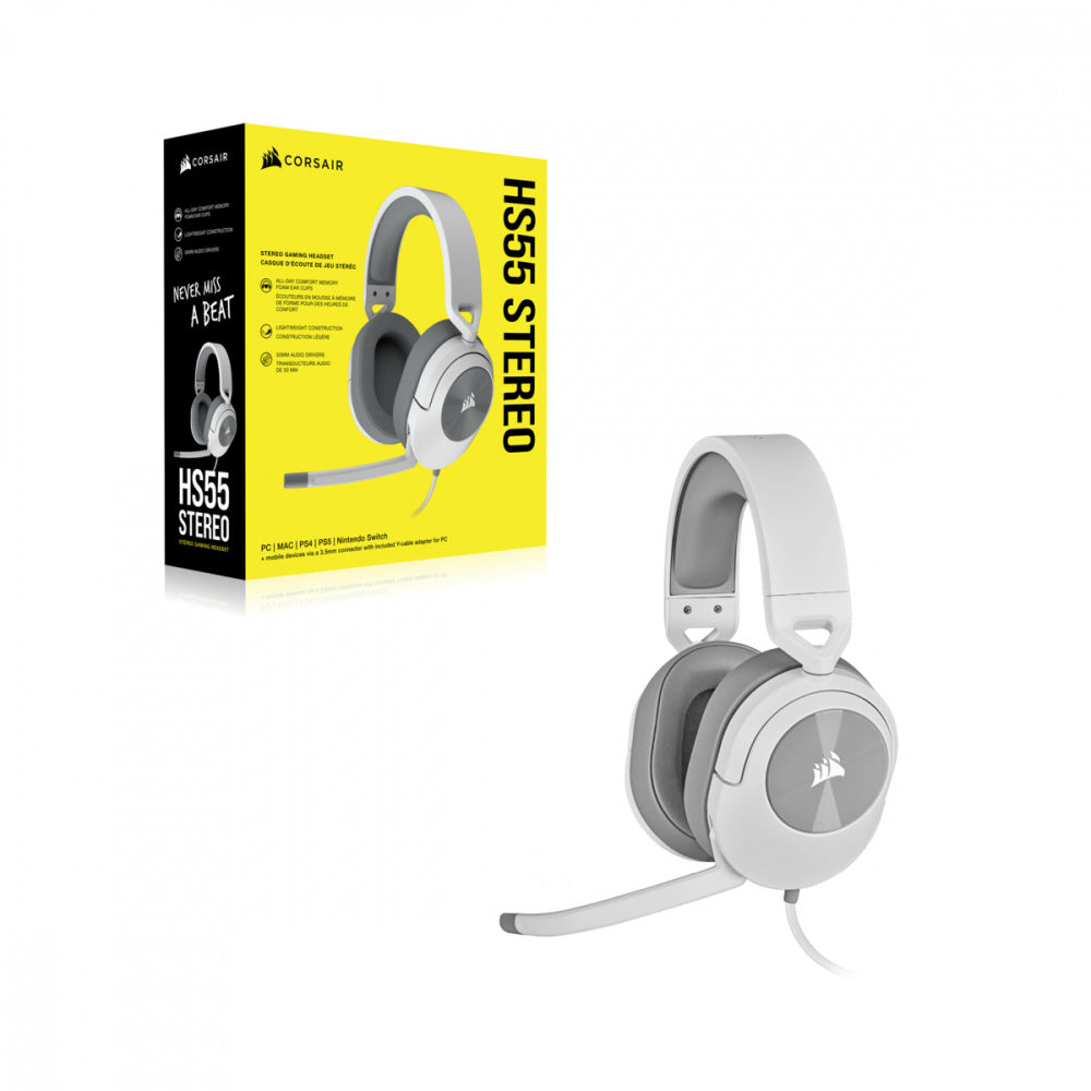 Corsair Audífonos Gamer HS55 STEREO, Alámbrico, 1.8 Metros, 3.5mm, Blanco