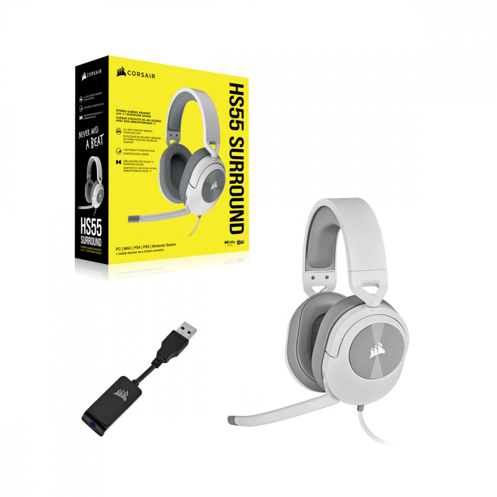 Corsair Audífonos Gamer HS55 SURROUND 7.1, Alámbrico, 1.8 Metros, 3.5mm/USB- Blanco