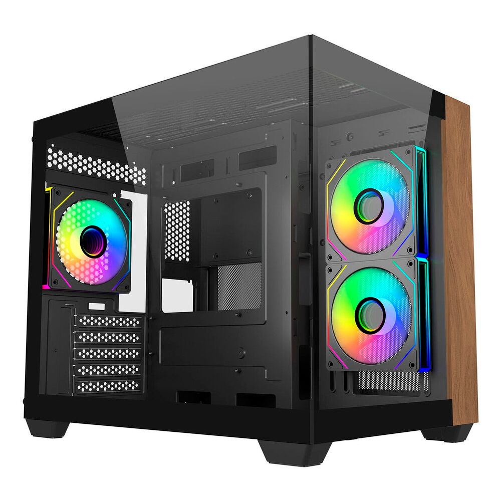 Gabinete Cooler Master Elite 481 Wood - Incluye 3 Ventiladores ARGB, Negro-Madera