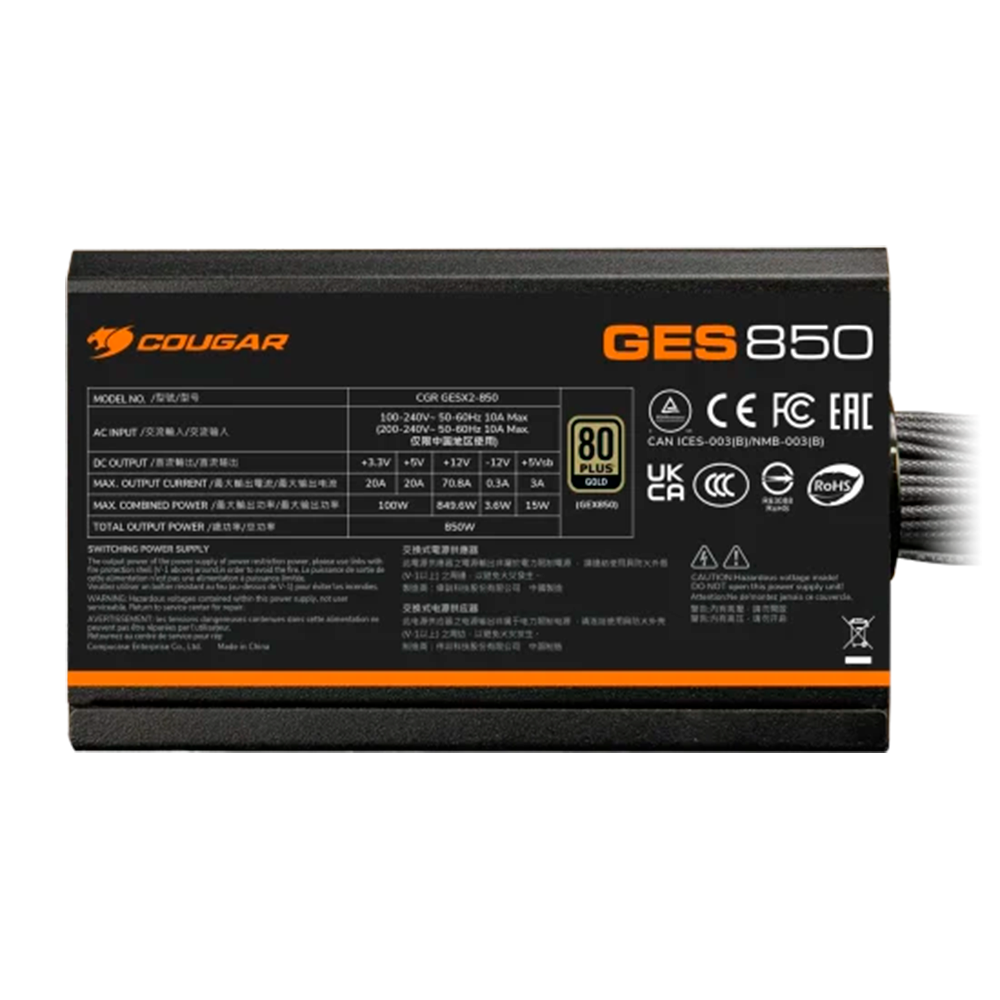 Fuente De Poder Cougar GES 850, 850W, 80 Plus Gold, Negro