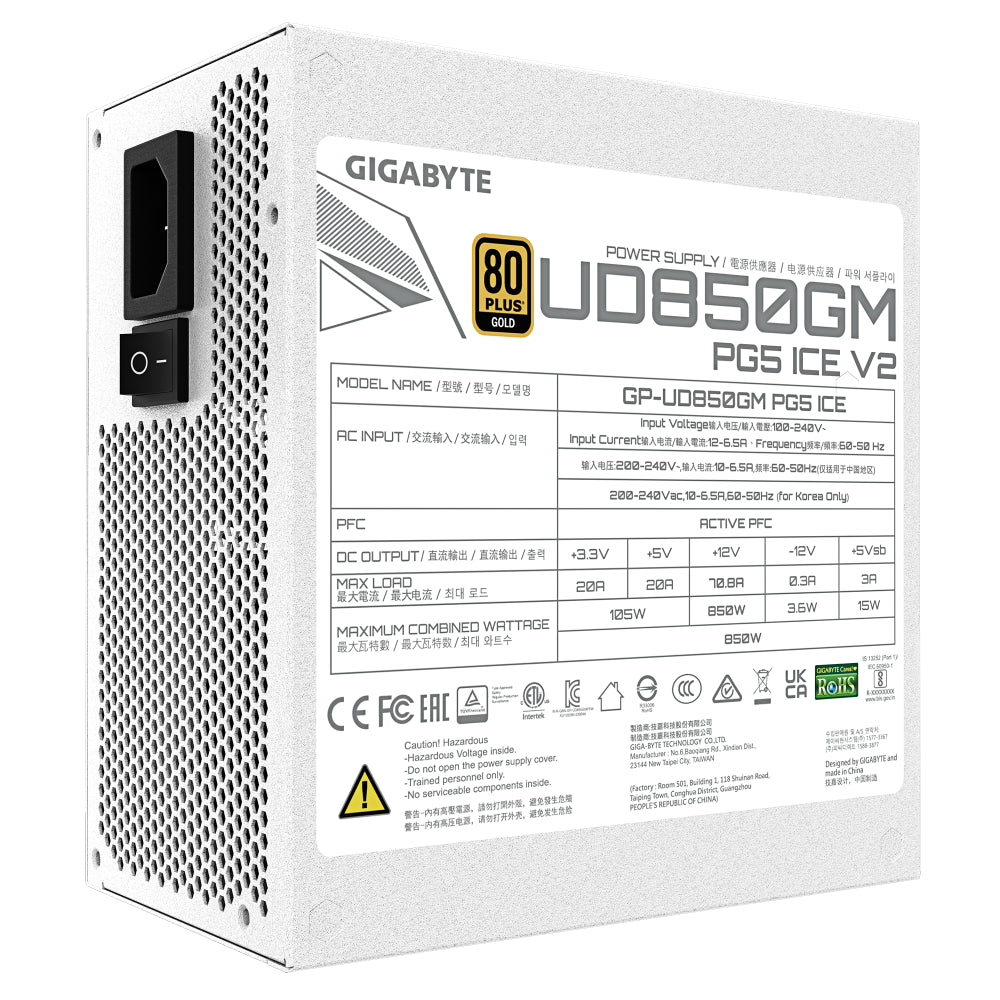 Fuente De Poder Gigabyte 850W, 80 Plus Gold, Modular, Pci-E Gen5, 16Pins, Blanco