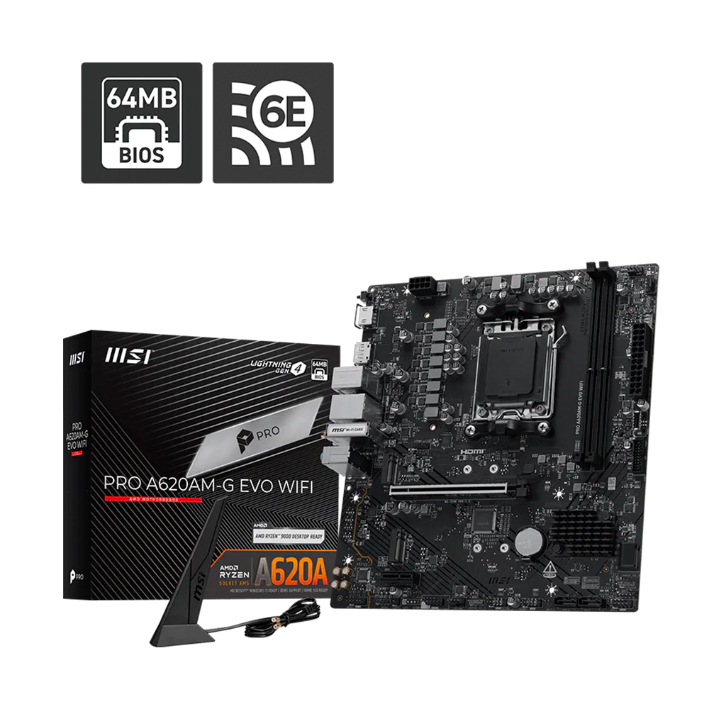 Tarjeta Madre MSI PRO A620AM-G EVO WIFI, Micro-ATX, Socket AM5, AMD A620A, 128GB DDR5.