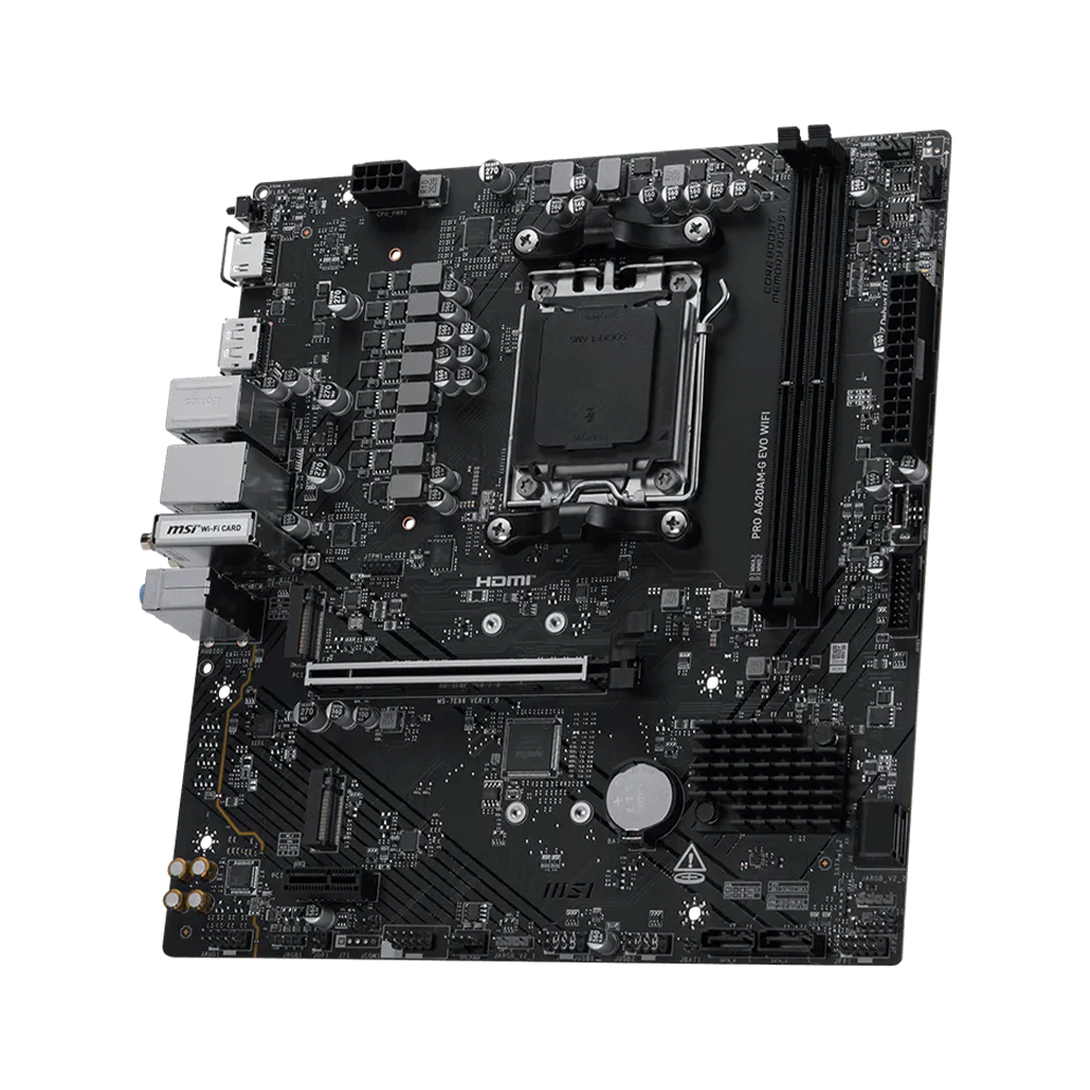 Tarjeta Madre MSI PRO A620AM-G EVO WIFI, Micro-ATX, Socket AM5, AMD A620A, 128GB DDR5.