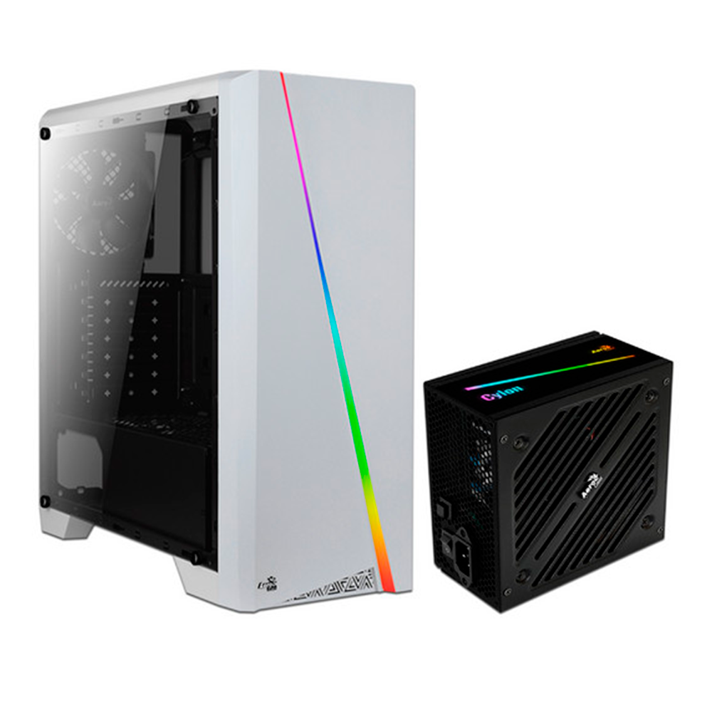 Gabinete AeroCool Cylon con LEDs RGB ATX + PSU AeroCool Cylon de 500W - Blanco
