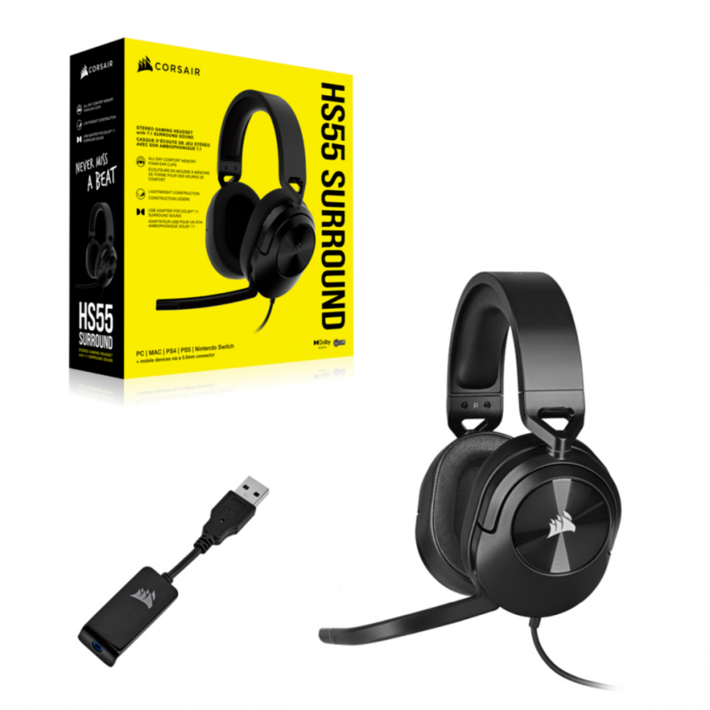 Corsair Audífonos Gamer HS55 SURROUND 7.1, Alámbrico, 1.8 Metros, 3.5mm/USB, Negro