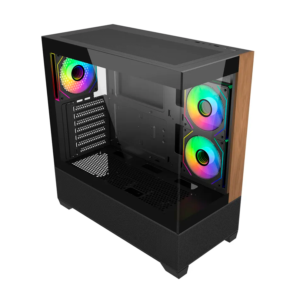 Gabinete Cooler Master Elite 690 Wood - Incluye 3 Ventiladores ARGB, Negro-Madera